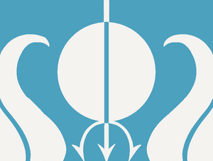 Прямоугольный флаг с двумя морскими волнами по бокам и кругом по центру, который пронзает трезубец